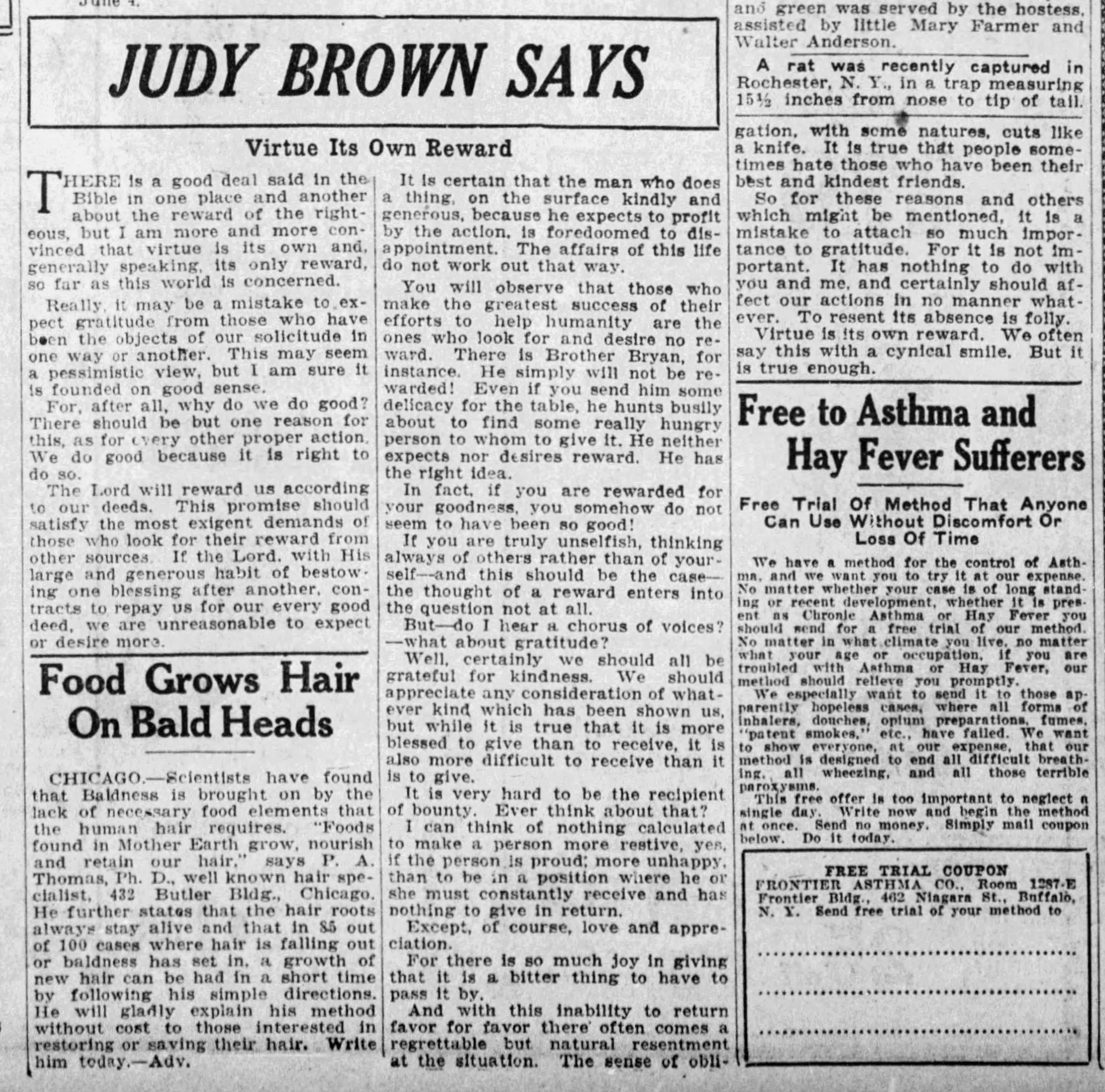 Judy Brown Says: VIrtue Its Own Reward